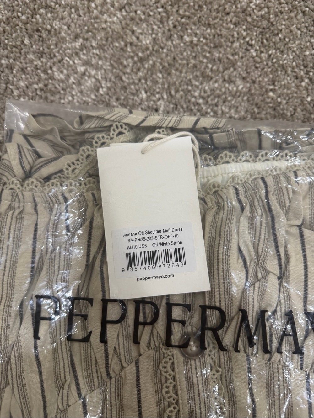 NWT Peppermayo Beige Striped Off-Shoulder Mini Dress Size 6 - Picture 5 of 5